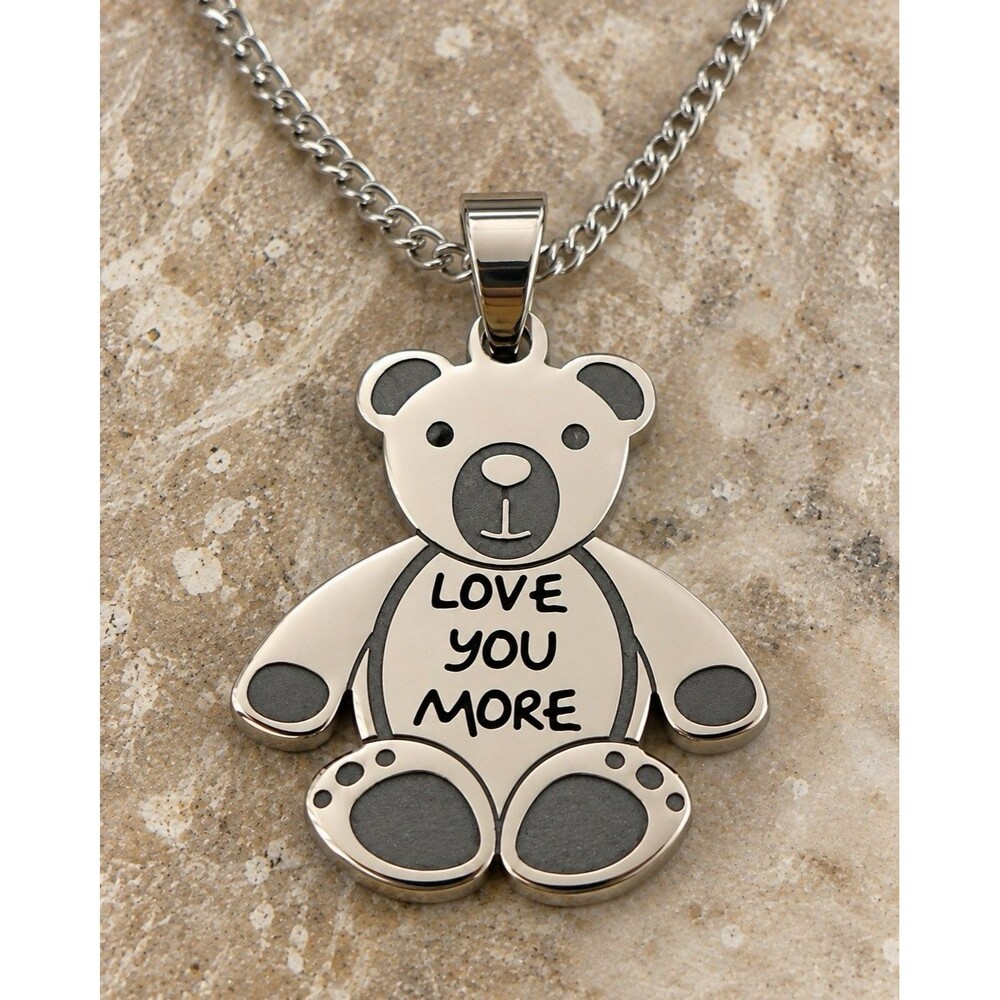 "Love You More" Teddy Bear Necklace Stainless Steel Silver Tone Engraved 18"
